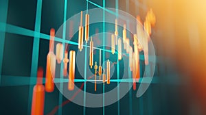 A vivid 3D forex chart showcases financial growth, with candlesticks rising against a blue grid backdrop