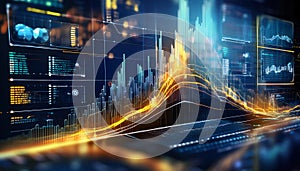 Vivid 3D graph with rising bars and data points on a digital interface. Generative AI