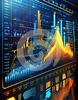 Vivid 3D graph with rising bars and data points on a digital interface. Generative AI