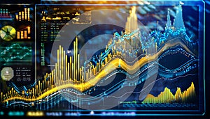 Vivid 3D graph with rising bars and data points on a digital interface. Generative AI