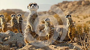 Vivid desert scene meerkats alertly stand in pastel colony, scanning for predators photo