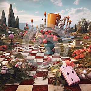 Vivid digital art of an apocalyptic tea party in Wonderland