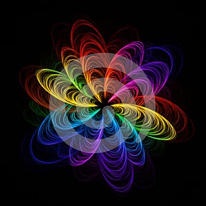 A vivid digital artwork featuring a rainbow-colored abstract floral pattern against a