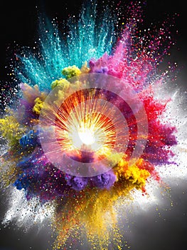 Vivid dynamic abstract powder burst of colorful powder representing a supernova against darkness