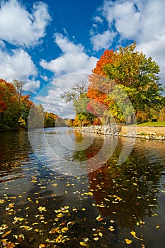 Vivid fall foliage on the Grand River river in Grand Ledge with cloudy sky