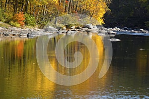 Vivid fall foliage reflects on the Farmington River, Canton, Con