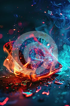 Vivid flames engulf a wallet, colorful digital embers hint at loss and rebirth