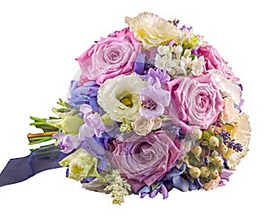 Vivid floral arrangement with mauve roses and Hydrangea Hortensis