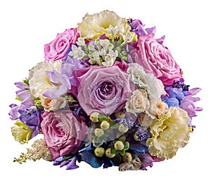 Vivid floral arrangement with mauve roses and Hydrangea Hortensis