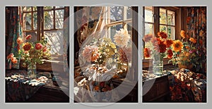 vivid floral pattern rippling silk. Blinding dappled light through a cabin window. vase flowers for wall decor photo