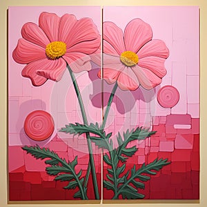 Vivid Flower Paintings On Red Background - Multidimensional Relief Sculpture Style