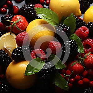 Vivid fruit array, berries, citrus, apples, liquidized juices A vibrant, healthy ensemble