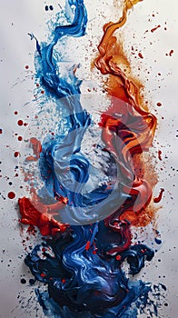 A Vivid Fusion Of Cascading Blue And Red Paint Streams, Interspersed With Splatters