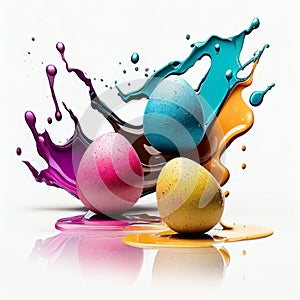 Vivid generative AI illustration of multicolored Easter eggs falling with splashes of colorful fluids spilled against white