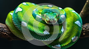 Vivid green serpent in lush jungle habitat, close up wildlife portrait of a snake in the wild