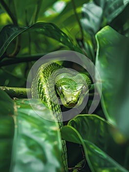 A vivid green snake camouflaged perfectly amongst lush tropical foliage, exemplifying nature's adaptation and beauty