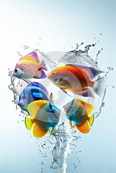 A vivid heart-shaped water splash encircles a group of colorful tropical fish, symbolizing marine love and aquatic artistry