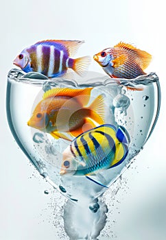 A vivid heart-shaped water splash encircles a group of colorful tropical fish, symbolizing marine love and aquatic artistry