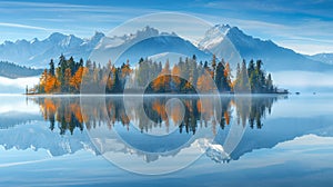 Vivid high tatra lake in early autumn sunlit trees, sky reflection nature adventure