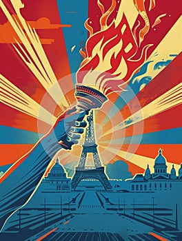 A vivid illustration depicts a strong hand holding an torch, with the Eiffel Tower set against a dramatic backdrop of photo