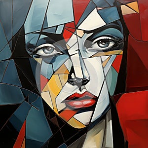Vivid illustration of a female face with geometric abstraction. AI generation