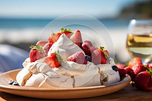 A vivid image of a berry-topped Pavlova against a sunny Australian Christmas beach scene.