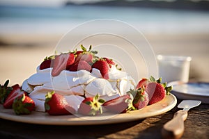 A vivid image of a berry-topped Pavlova against a sunny Australian Christmas beach scene.