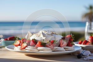 A vivid image of a berry-topped Pavlova against a sunny Australian Christmas beach scene.