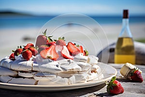 A vivid image of a berry-topped Pavlova against a sunny Australian Christmas beach scene.