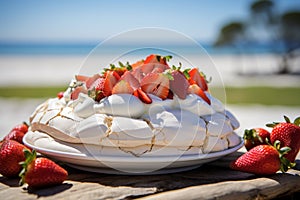 A vivid image of a berry-topped Pavlova against a sunny Australian Christmas beach scene.