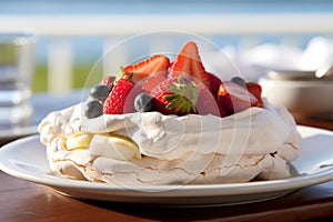 A vivid image of a berry-topped Pavlova against a sunny Australian Christmas beach scene.