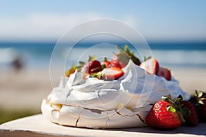 A vivid image of a berry-topped Pavlova against a sunny Australian Christmas beach scene.