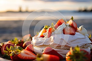 A vivid image of a berry-topped Pavlova against a sunny Australian Christmas beach scene.