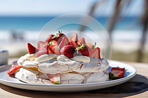 A vivid image of a berry-topped Pavlova against a sunny Australian Christmas beach scene.