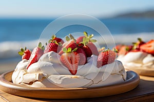 A vivid image of a berry-topped Pavlova against a sunny Australian Christmas beach scene.