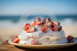 A vivid image of a berry-topped Pavlova against a sunny Australian Christmas beach scene.