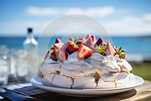 A vivid image of a berry-topped Pavlova against a sunny Australian Christmas beach scene.