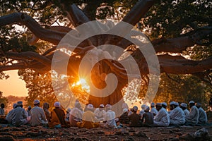 Vivid image of young African Muslims sharing gifts during Eid al-Fitr, in the shade of a large baobab tree, community
