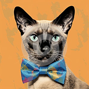 Vivid Imagery: Siamese Cat With Bow Tie In Andy Warhol Style