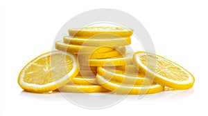 Vivid lemon slices on solid white background. AI image