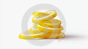 Vivid lemon slices on solid white background. AI image