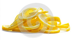 Vivid lemon slices on solid white background. AI image