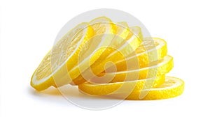 Vivid lemon slices on solid white background. AI image