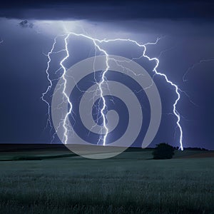 Vivid lightning bolts crackling over darkened field landscape