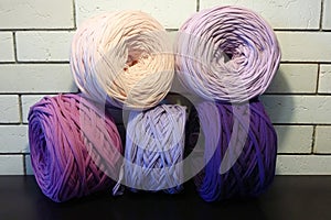 Vivid lilac, pink, violet, purple, balls of eco t-shirt yarn zpagetti for hand knitting