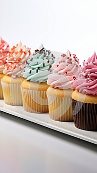 Vivid lineup cupcakes stand out individually against a clean white isolation