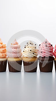 Vivid lineup cupcakes stand out individually against a clean white isolation