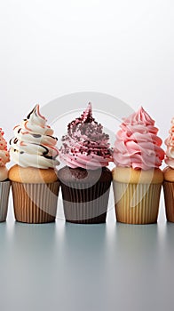 Vivid lineup cupcakes stand out individually against a clean white isolation