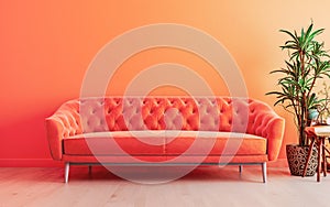 Vivid living room lush lava interior wall mock up with bright orange sofa, empty wall with free space above on top