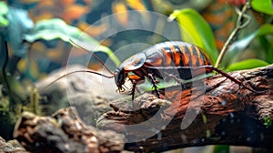 Vivid Madagascar hissing cockroach on a piece of wood. Colorful insect in a natural habitat. Concept of entomology